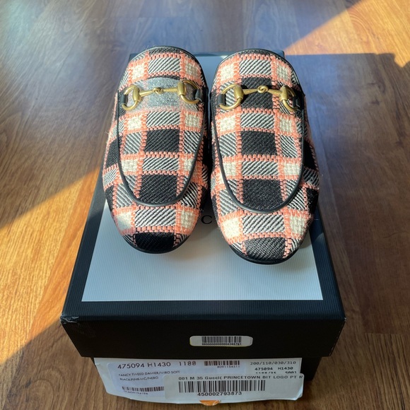 Gucci Princetown Pink Plaid “Fancy Tweed” Loafers Mules Size 35 EU / 5 US NIB - Picture 2 of 7